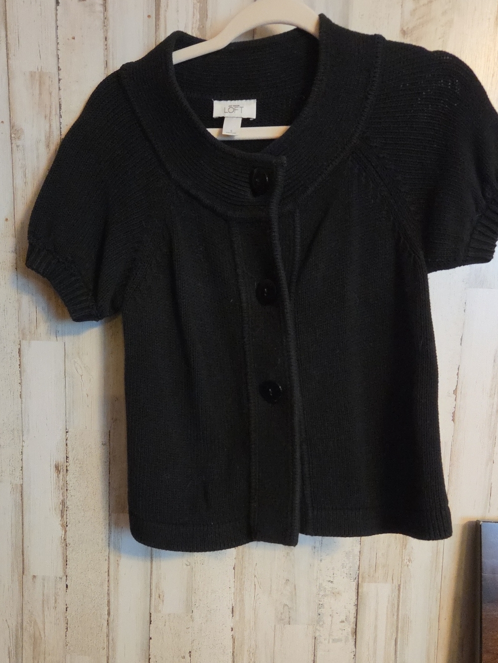 LOFT Short Sleeve Black Button-Up Knit Cardigan
